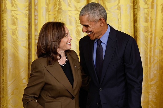 In this 2022 file photo, Vice President Kamala Harris and former President Barack Obama attend an event at the White House in Washington, DC, to mark the 2010 passage of the Affordable Care Act.
Mandatory Credit:	Chip Somodevilla/Getty Images/File via CNN Newsource