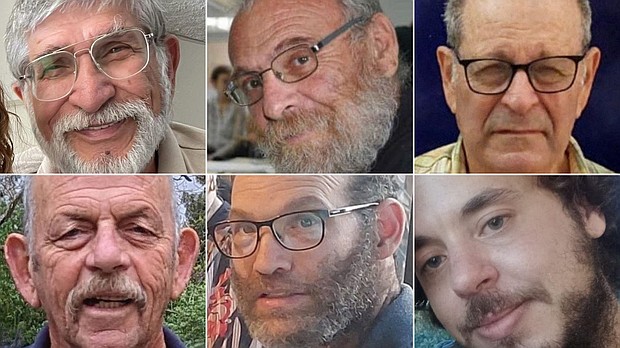 Top row, left to right: Yoram Metzger, Alexander Dancyg, Avraham Munder. Bottom row, left to right: Chaim Peri, Nadav Popplewell, and Yagev Buchshtab.
Mandatory Credit:	Hostage and Missing Families Forum/Reuters via CNN Newsource