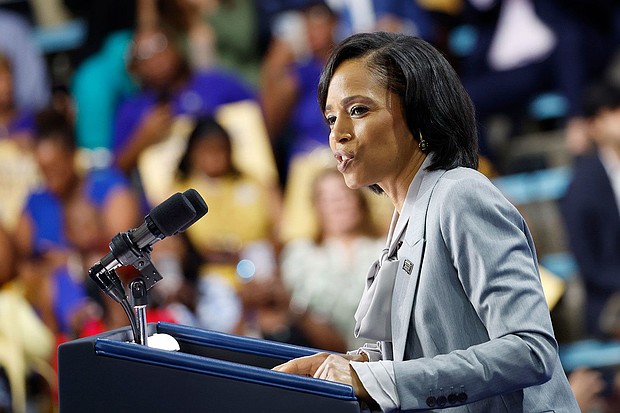 Prince George's County Executive Angela Alsobrooks, who's running for Senate, gives remarks at an event for President Joe Biden and Vice President Kamala Harris at Prince George’s Community College on August 15, 2024, in Largo, Maryland.
Mandatory Credit:	Anna Moneymaker/Getty Images/File via CN