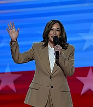 Kamala Harris speaks at the Democratic National Convention in Chicago on August 19.
Mandatory Credit:	Bernadette Tuazon/CNN via CNN Newsource