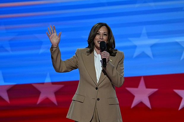 Kamala Harris speaks at the Democratic National Convention in Chicago on August 19.
Mandatory Credit:	Bernadette Tuazon/CNN via CNN Newsource