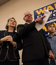 Gwen Walz, left, stands next to her husband Tim Walz and their children Gus and Hope, during an election night party in St. Paul, Minnesota on August 14, 2018, the night Tim Walz became the Minnesota Democratic–Farmer–Labor Party's candidate for governor.
Mandatory Credit:	Stephen Maturen/Getty Images/File via CNN Newsource