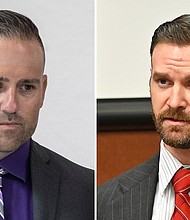 A federal judge has dismissed felony charges against two former Louisville Metro Police Department detectives, Joshua Jaynes, left, and Sgt. Kyle Meany, who worked on the search warrant in the forced-entry raid that killed Breonna Taylor.
Mandatory Credit:	USA Today Network/AP via CNN Newsource