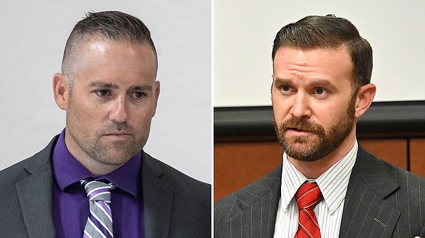 A federal judge has dismissed felony charges against two former Louisville Metro Police Department detectives, Joshua Jaynes, left, and Sgt. Kyle Meany, who worked on the search warrant in the forced-entry raid that killed Breonna Taylor.
Mandatory Credit:	USA Today Network/AP via CNN Newsource
