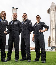 The Crew of the next SpaceX private astronaut flight, called Polaris Dawn, are seen at SpaceX's launch and testing facilities in South Texas, where the company is developing its Starship rocket for the moon and Mars. The crew includes (from left) Anna Menon, Scott Poteet, Jared Isaacman and Sarah Gillis.
Mandatory Credit:	Jonathan Newton/The Washington Post/Getty Images via CNN Newsource