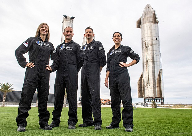 The Crew of the next SpaceX private astronaut flight, called Polaris Dawn, are seen at SpaceX's launch and testing facilities in South Texas, where the company is developing its Starship rocket for the moon and Mars. The crew includes (from left) Anna Menon, Scott Poteet, Jared Isaacman and Sarah Gillis.
Mandatory Credit:	Jonathan Newton/The Washington Post/Getty Images via CNN Newsource