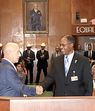 Mayor John Whitmire and the newly appointed Director of the Houston Emergency Center Roderick Jackson