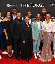 [L-R] Stephen Kendrick, Tommy Woodard, Anna Douglas, Ben Watson, Cameron Arnett, BJ Arnett, Ken Bevel, Aspen Kennedy, Jerry Shirer, Priscilla Shirer, Jerry Jr., and Alex Kendrick arrived on the red carpet at the premiere of Sony Pictures' AFFIRM Films' movie 'The Forge'.Photo Credit: Paras Griffin, courtesy of Affirm Films