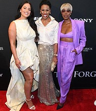 [L-R] model Ashley Graham, New York Times best-selling author Priscilla Shirer, and actress and comedian Yvonne Orji graced the red carpet with their presence at the premiere of "The Forge," a movie by Sony Pictures' AFFIRM Films in Atlanta, GA.