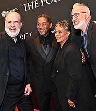 [L-R] Director Alex Kendrick, actor Cameron Arnett, actress BJ Arnett, and producer Stephen Kendrick take a quick selfie on the red carpet at the premiere of "The Forge," a Sony Pictures' AFFIRM Films movie, in Atlanta, GA.