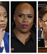 This combination of 2021-2023 photos shows U.S. Reps. Shontel Brown, D-Ohio, left; Ayanna Pressley, D-Mass., and Nydia Velazquez, D-N.Y.