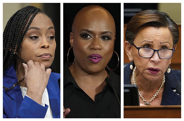 This combination of 2021-2023 photos shows U.S. Reps. Shontel Brown, D-Ohio, left; Ayanna Pressley, D-Mass., and Nydia Velazquez, D-N.Y.