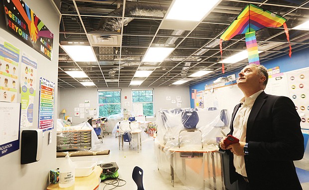 Cardinal Elementary School was struck by lightning Aug. 26, causing a small roof fire and water damage to the second floor. Superintendent Jason Kamras, along with Richmond School Board representative Shavonda Dixon Fernandez and RPS Chief Operating Officer Dana Fox inspected the damage and ongoing cleanup efforts during a press conference on Wednesday. The school, which opened in 2021, is closed until next Tuesday.