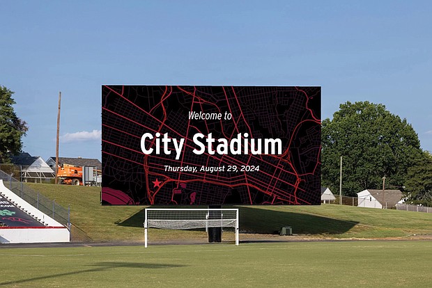 The new video board at City Stadium replaces a scoreboard installed in 1994. It measures 65.62 feet, wide by 35.43 feet tall.