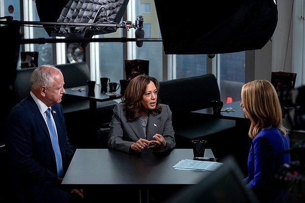 Minnesota Gov. Tim Walz and Vice President Kamala Harris are interviewed by CNN’s Dana Bash at Kim’s Cafe in Savannah, Georgia, on August 29, 2024. This is the first time Harris has sat with a journalist for an in-depth, on-the-record conversation since President Joe Biden ended his presidential bid in July.
Mandatory Credit:	Will Lanzoni/CNN via CNN Newsource
