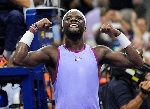 Frances Tiafoe celebrates after beating Alexei Popyrin in the fourth round of the US Open.
Mandatory Credit:	Robert Deutsch/USA TODAY/Reuters via CNN Newsource