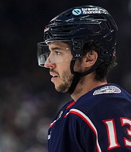 Columbus Blue Jackets' Johnny Gaudreau awaits the face-off during an NHL hockey game against the Nashville Predators, March 9, 2024, in Columbus, Ohio.
Mandatory Credit:	Aaron Doster/AP via CNN Newsource