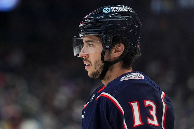 Columbus Blue Jackets' Johnny Gaudreau awaits the face-off during an NHL hockey game against the Nashville Predators, March 9, 2024, in Columbus, Ohio.
Mandatory Credit:	Aaron Doster/AP via CNN Newsource