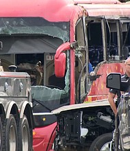 Seven people were killed and dozens injured Saturday, August 31 when a commercial passenger bus left a highway and overturned east of Vicksburg, Mississippi.
Mandatory Credit:	WAPT via CNN Newsource