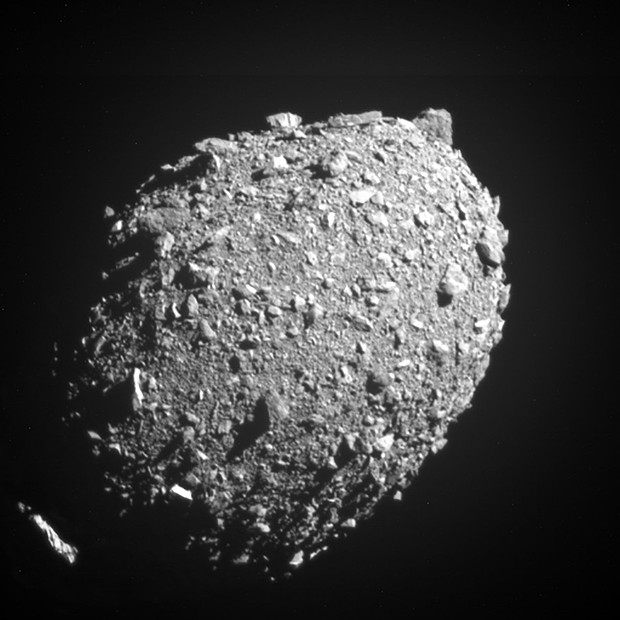 The last complete image of asteroid moonlet Dimorphos was taken by the DRACO imager on NASA's DART mission at a distance of about 7 miles (12 kilometers) and 2 seconds before impact.
Mandatory Credit:	NASA/Johns Hopkins APL via CNN Newsource