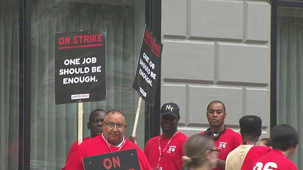 Nearly 900 Boston hotel workers went on strike on the morning of September 1.
Mandatory Credit:	WBZ via CNN Newsource