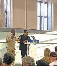 Cook County Commissioner Stanley Moore during a community meeting about the Illinois Quantum and Microelectrics Park (IQMP), which is planned for the former USX Steel site. PHOTO BY TIA CAROL JONES.