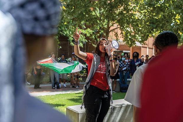 Sereen Haddad, a Virginia Commonwealth University junior, speaks during a student-organized walkout Wednesday, Sept. 4, advocating for continued support of Palestine and addressing VCU’s April 29 deployment of police in riot gear at a pro-Palestinian protest. The walkout culminated in a gathering at VCU’s Park Plaza.