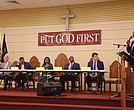 Richmonders Involved to Strengthen our Communities (RISC) hosted a Mayoral Candidates Forum on Aug. 29 at Second Baptist Church. From left: Richmond City Councilman Andreas Addison, former director of Richmond and Henrico Health Districts Dr. Danny Avula, former Richmond City Council president Michelle Mosby, entrepreneur Maurice Neblett and Bridging Virginia founder Harrison Roday.