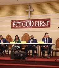 Richmonders Involved to Strengthen our Communities (RISC) hosted a Mayoral Candidates Forum on Aug. 29 at Second Baptist Church. From left: Richmond City Councilman Andreas Addison, former director of Richmond and Henrico Health Districts Dr. Danny Avula, former Richmond City Council president Michelle Mosby, entrepreneur Maurice Neblett and Bridging Virginia founder Harrison Roday.