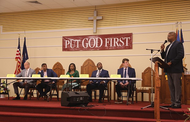 Richmonders Involved to Strengthen our Communities (RISC) hosted a Mayoral Candidates Forum on Aug. 29 at Second Baptist Church. From left: Richmond City Councilman Andreas Addison, former director of Richmond and Henrico Health Districts Dr. Danny Avula, former Richmond City Council president Michelle Mosby, entrepreneur Maurice Neblett and Bridging Virginia founder Harrison Roday.