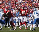 Kansas City Chiefs quarterback Patrick Mahomes (15) throws a pass against the Detroit Lions during an NFL preseason football game Aug. 17 in Kansas City, Mo.