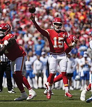 Kansas City Chiefs quarterback Patrick Mahomes (15) throws a pass against the Detroit Lions during an NFL preseason football game Aug. 17 in Kansas City, Mo.