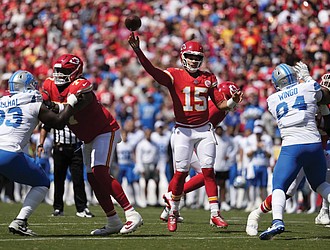 Kansas City Chiefs quarterback Patrick Mahomes (15) throws a pass against the Detroit Lions during an NFL preseason football game Aug. 17 in Kansas City, Mo.