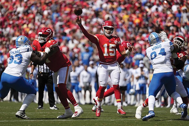 Kansas City Chiefs quarterback Patrick Mahomes (15) throws a pass against the Detroit Lions during an NFL preseason football game Aug. 17 in Kansas City, Mo.