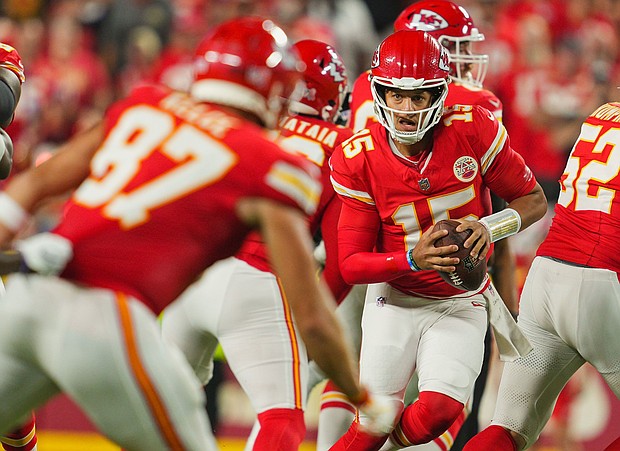 Kansas City Chiefs quarterback Patrick Mahomes scrambles during the first half against the Baltimore Ravens.
Mandatory Credit:	Jay Biggerstaff/USA Today Sports/Reuters via CNN Newsource