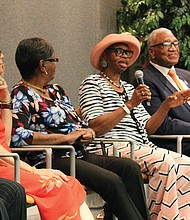 Six members of the first integrated class at Brunswick High School, from left, Queen Marks Birchette, Carolyn Burwell-Tolbert, Elvertha Cox Gillis, Sandra Goldman Jackson, Marvin Jones Sr. and Florence Stith-Jackson, spoke about their experiences at the Library of Virginia.