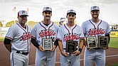 From left, Flying Squirrels manager Dennis Pelfrey, outfielder Carter Howell, outfielder Turner Hill and pitcher John Michael Bertrand.