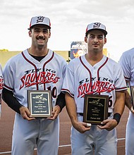From left, Flying Squirrels manager Dennis Pelfrey, outfielder Carter Howell, outfielder Turner Hill and pitcher John Michael Bertrand.