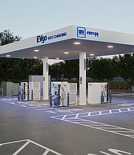 Rendering of a flagship charging destination co-branded by EVgo and GM Energy. After years of collaborating, EVgo and General Motors will expand upon their work together by deploying 400 fast charging stalls at flagship destinations in major metropolitan areas across the U.S.