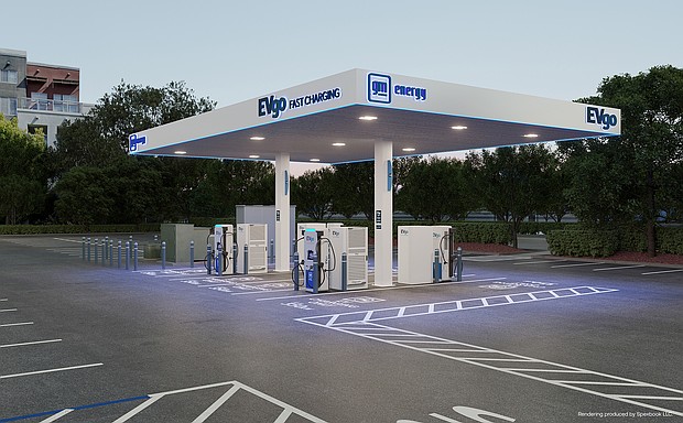 Rendering of a flagship charging destination co-branded by EVgo and GM Energy. After years of collaborating, EVgo and General Motors will expand upon their work together by deploying 400 fast charging stalls at flagship destinations in major metropolitan areas across the U.S.