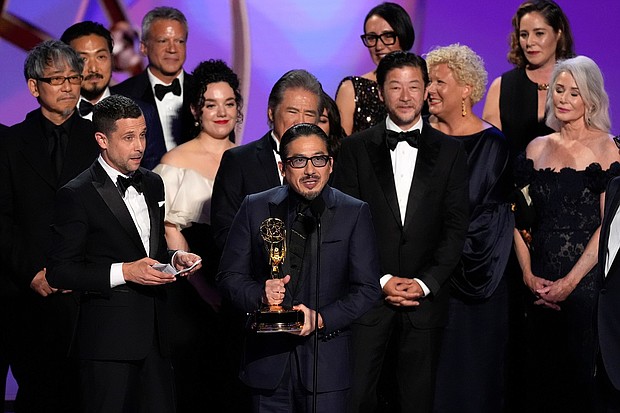 Justin Marks, center, and Hiroyuki Sanada, center right, and the team from "Shogun" accepts the award for outstanding drama series.
Mandatory Credit:	Chris Pizzello/Invision/AP via CNN Newsource