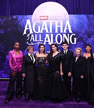 LOS ANGELES, CALIFORNIA - SEPTEMBER 16: (L-R) Sasheer Zamata, Patti LuPone, Aubrey Plaza, Kathryn Hahn, Joe Locke, Debra Jo Rupp and Ali Ahn attend the launch event for Marvel Television's Agatha All Along at El Capitan Theatre in Hollywood, California on September 16, 2024. (Photo by Jesse Grant/Getty Images for Marvel)