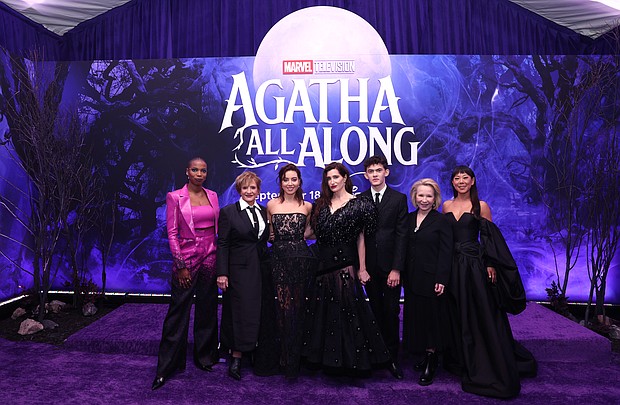 LOS ANGELES, CALIFORNIA - SEPTEMBER 16: (L-R) Sasheer Zamata, Patti LuPone, Aubrey Plaza, Kathryn Hahn, Joe Locke, Debra Jo Rupp and Ali Ahn attend the launch event for Marvel Television's Agatha All Along at El Capitan Theatre in Hollywood, California on September 16, 2024. (Photo by Jesse Grant/Getty Images for Marvel)