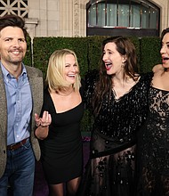 LOS ANGELES, CALIFORNIA - SEPTEMBER 16: (L-R) Adam Scott, Amy Poehler, Kathryn Hahn and Aubrey Plaza attend the launch event for Marvel Television's Agatha All Along at El Capitan Theatre in Hollywood, California on September 16, 2024. (Photo by Rodin Eckenroth/Getty Images for Marvel)