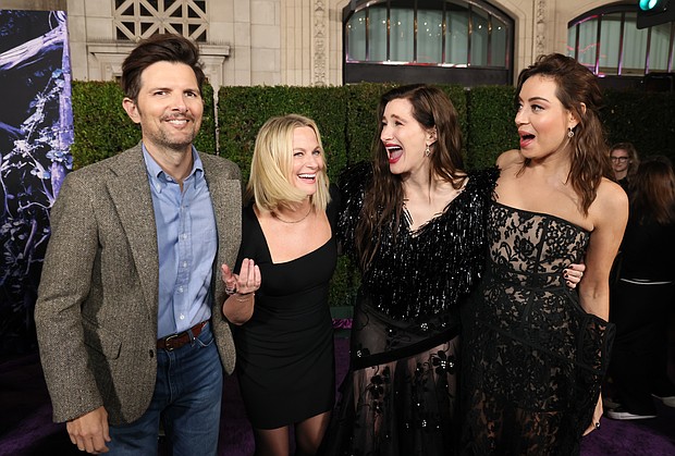 LOS ANGELES, CALIFORNIA - SEPTEMBER 16: (L-R) Adam Scott, Amy Poehler, Kathryn Hahn and Aubrey Plaza attend the launch event for Marvel Television's Agatha All Along at El Capitan Theatre in Hollywood, California on September 16, 2024. (Photo by Rodin Eckenroth/Getty Images for Marvel)