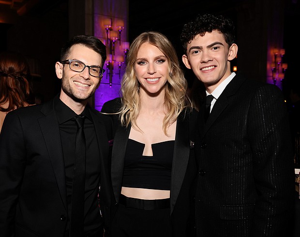 LOS ANGELES, CALIFORNIA - SEPTEMBER 16: (L-R) Jason Rostovsky, Mary Livanos, and Joe Locke attend the launch event for Marvel Television's Agatha All Along at El Capitan Theatre in Hollywood, California on September 16, 2024. (Photo by Rodin Eckenroth/Getty Images for Marvel)
