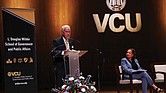 Former Gov. L. Douglas Wilder and Dean Susan Gooden of the VCU L. Douglas Wilder School of Government and
Public Affairs at the annual symposium, which addressed key election issues and voter engagement.