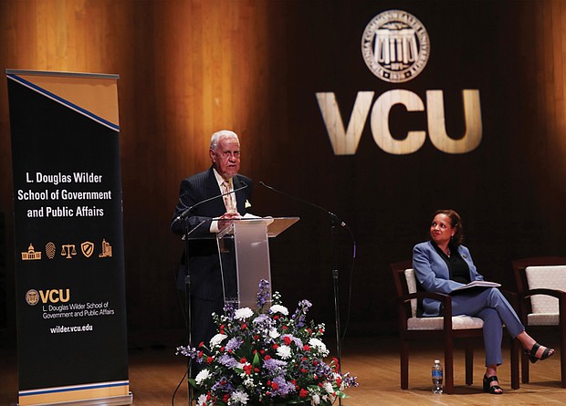 Former Gov. L. Douglas Wilder and Dean Susan Gooden of the VCU L. Douglas Wilder School of Government and
Public Affairs at the annual symposium, which addressed key election issues and voter engagement.