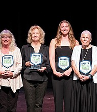 From left: Bobby Wadkins accepting on behalf of himself and his brother, Lanny Wadkins; Joey Richeson, director of student activities at Meadowbrook High School, accepted on behalf of Johnny Grubb; Lyn Williams representing Vic Williams; Lacey Waldrop; Joan Amsler representing Dave Amsler; and former NFL player Ken Oxendine.