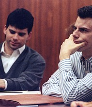 Erik Menendez (R) and brother Lyle listen to court proceedings during a 1991 court appearance.
Mandatory Credit:	Lee Celano/Reuters via CNN Newsource